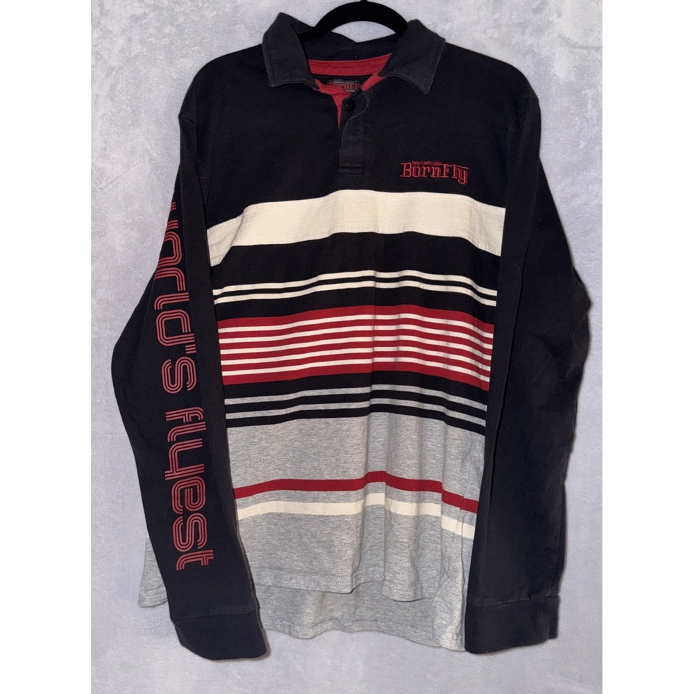 Born Fly Polo Shirt Mens 2XL Y2K Striped Black Red Gray Hip Hop Streetwear